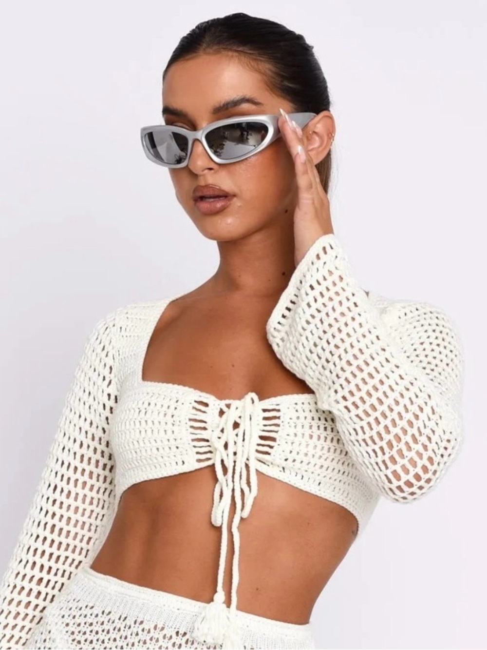 White Fox Boutique Cream Crochet Lace-Up Crop Top
